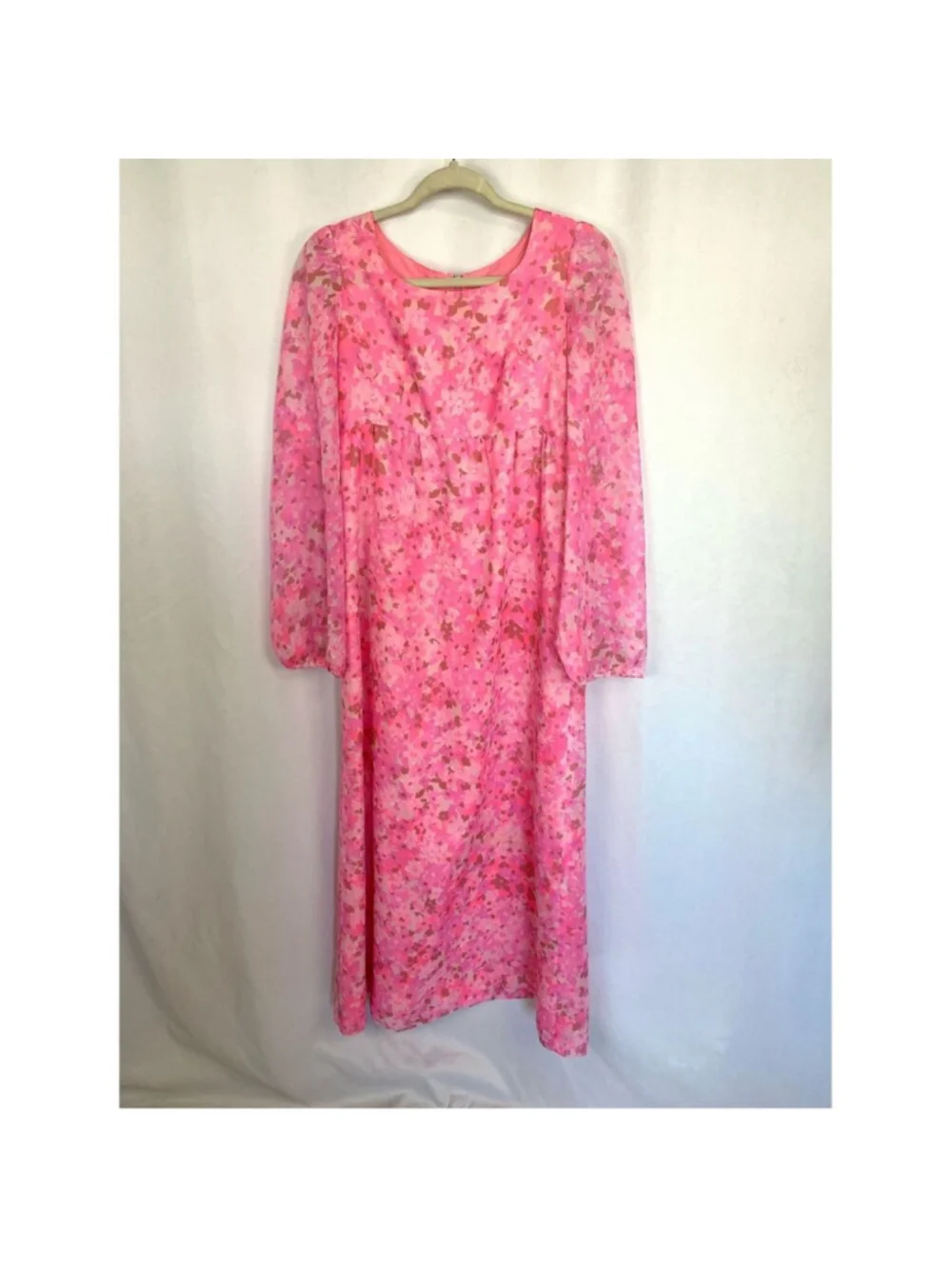 Vintage 60s Pink Floral Maxi Dress Sheer Chiffon Flower power psychedelic Women - Picture 7 of 10